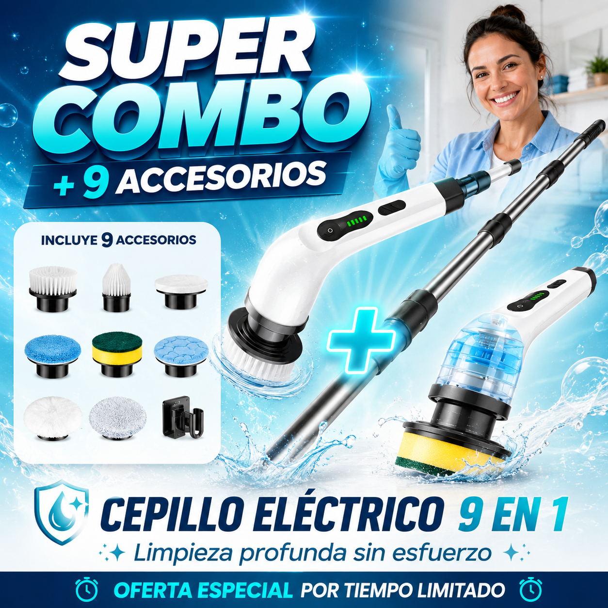 Cepillo Eléctrico Giratorio 9 en 1 – Limpieza Profunda Sin Esfuerzo