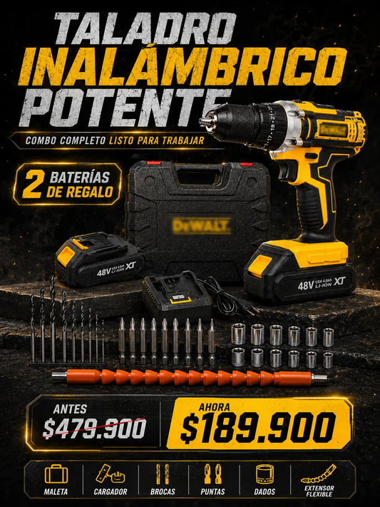 Combo Taladro Inalámbrico 48V + Baterías y Accesorios de Regalo